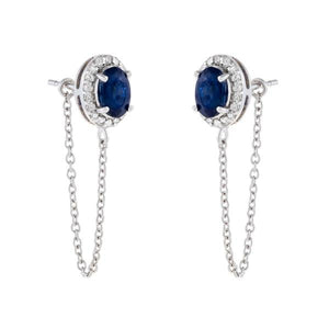 0.14 Ct.tw. Diamond Around 1.18 Ct. Tw. Oval Sapphire With 1.75" Chain Stud 14K White Gold Earring