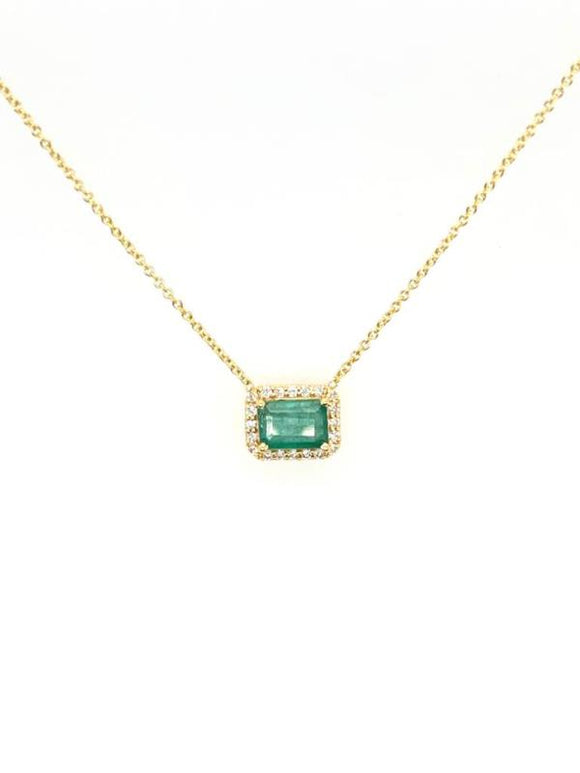 1Ct Emerald Around 0.14Ct Diamond Halo Pendant 14K Yellow Gold Necklace