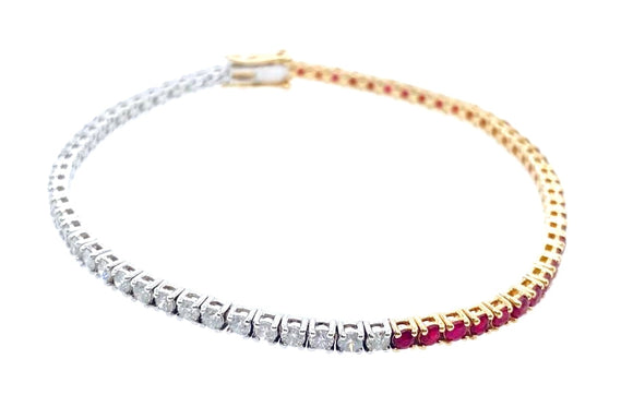 Half Natural Diamonds Half Ruby(2.1Ct) 14k Gold Tennis Bracelet