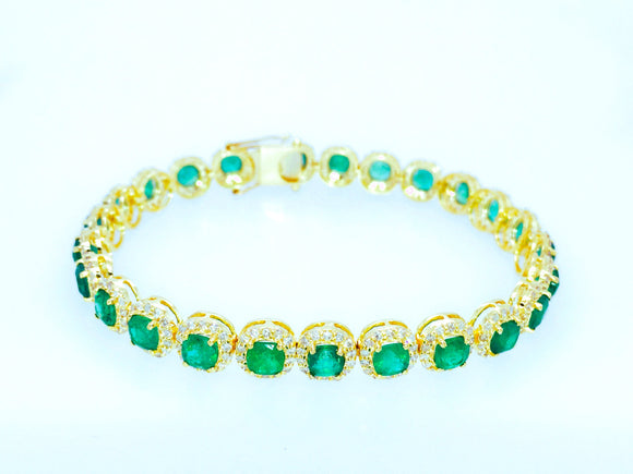 9.5 Ct Cushion cut Emerald & 2.95 Ct Diamond 14K Yellow gold Tennis Bracelet