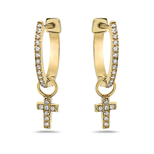 0.20Ct Diamond Cross Dangle Huggie Hoop Earrings in 14K Gold