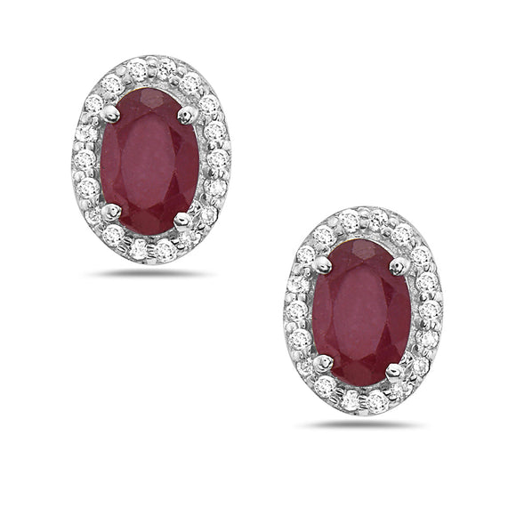 0.14 Ct. Tw. Diamond Around 1.25 Ct. Tw. Oval Ruby  Stud 14K Yellow Gold Earring