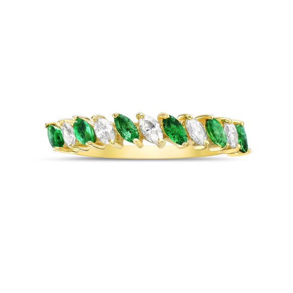 Marquise Shaped Diamond and Emerald Ring 14K Yellow Gold