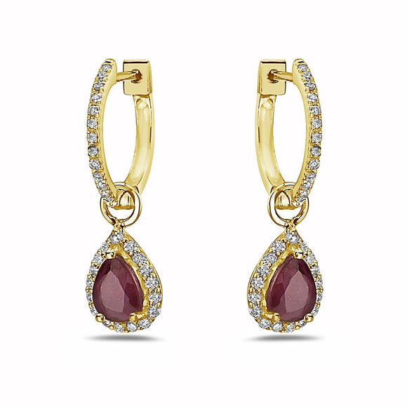 0.30 Ct. Diamond Mini Huggie Hoop With 1.4 Ct. Tw. Ruby Drop 14k Gold Earring