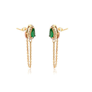 0.21 Ct.tw. Diamond Around 0.72 Ct. Tw. Emerald With 1.75" Chain Stud 14K Gold Earring