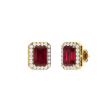 0.76Ct Emerald Cut Ruby With 0.22Ct Diamond Halo Earrings in 14k Gold