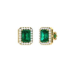 0.60Ct Emerald Cut Emerald With 0.22Ct Diamond Halo Earrings in 14k Gold