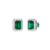 0.60Ct Emerald Cut Emerald With 0.22Ct Diamond Halo Earrings in 14k Gold