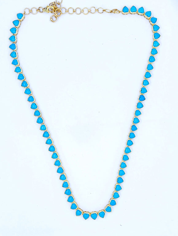 11.5 Ct Heart Shaped Turquoise Yellow Gold Tennis Neclklace