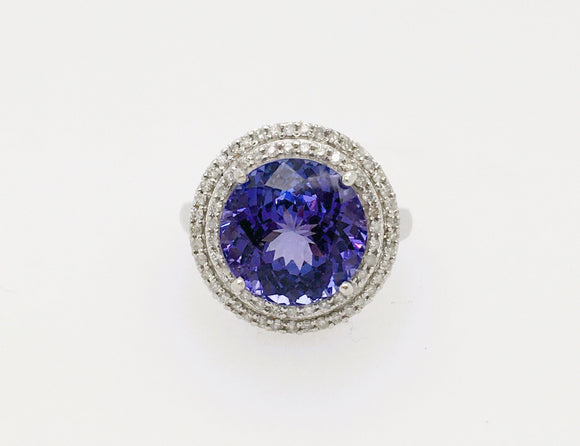 6 cts round tanzanite and 1.3cts white diamond cocktail ring in 14K white gold