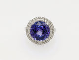 6 cts round tanzanite and 1.3cts white diamond cocktail ring in 14K white gold