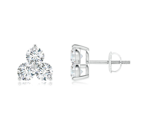 2Ct Diamond 14K White Gold Three Stone Stud Earring