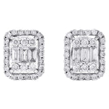 14k Gold Baguette Cut Diamond Halo Frame Cluster Stud Earring