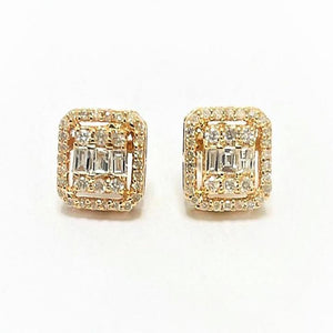 14k Gold Baguette Cut Diamond Halo Frame Cluster Stud Earring